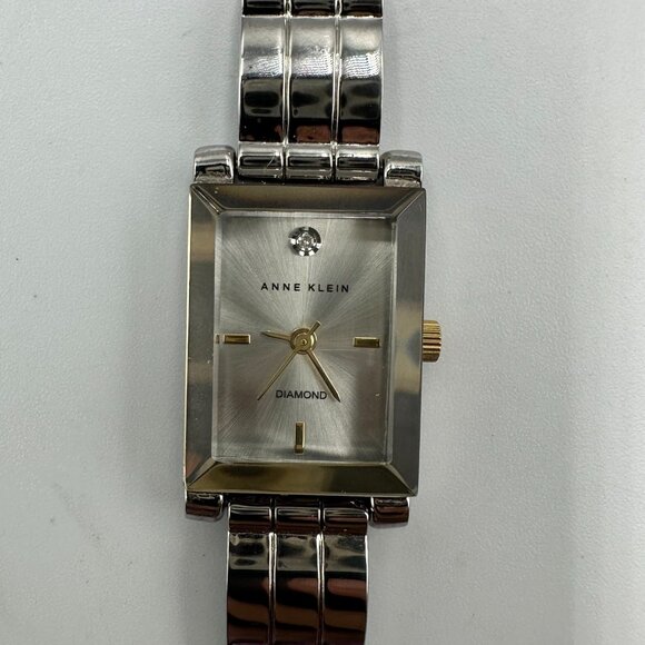 3Anne Klein Diamond Watch Women Silver Tone 16MM Rectangle Case 6.5" Working - Picture 1 of 11